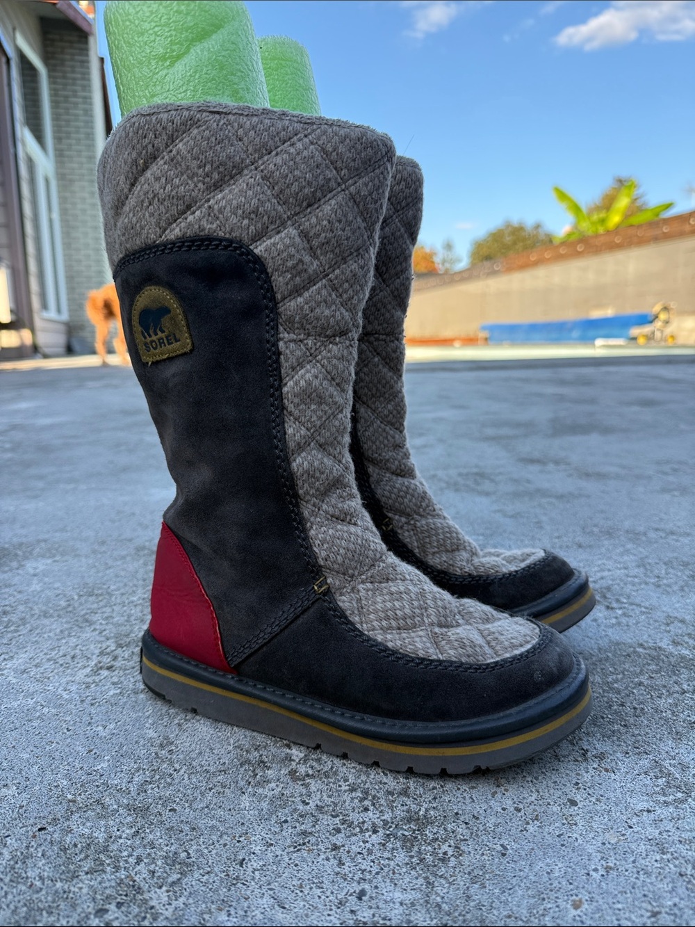 Sorel The Campus Tall Winter Boots, brown and quilted tan & red heel, 6